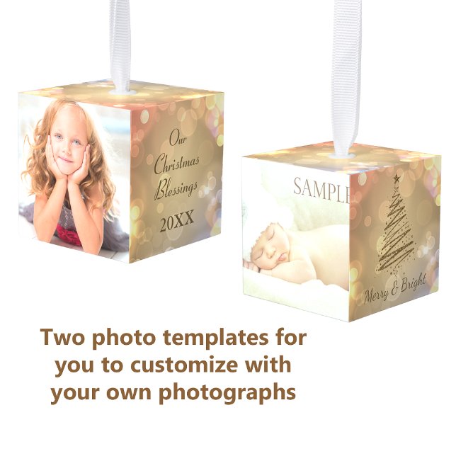 Gold Bokeh Blessings Photo Template Cube Ornament (Creator Uploaded)