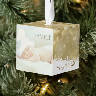 Gold Bokeh Christmas Blessings Photo Template Cube Ornament