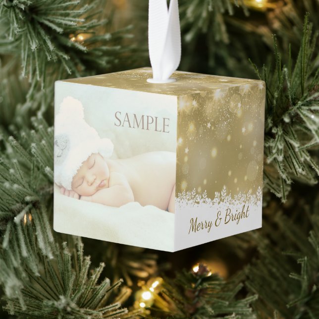 Gold Bokeh Christmas Blessings Photo Template Cube Ornament (Tree)