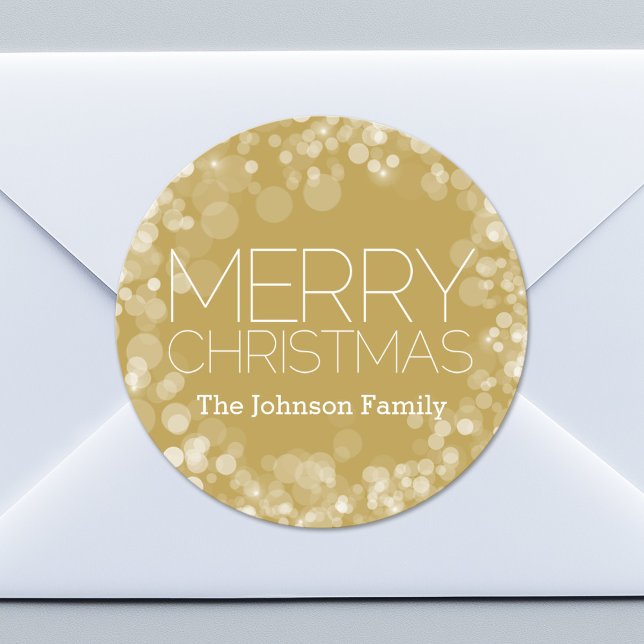 Gold Bokeh Modern Merry Christmas Classic Round Sticker (Custom Sticker for Party Favors or Envelopes)