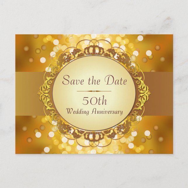 Gold Bokeh Save the Date 50th Anniversary Announcement Postcard (Front)