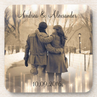 gold bokeh save the date coaster