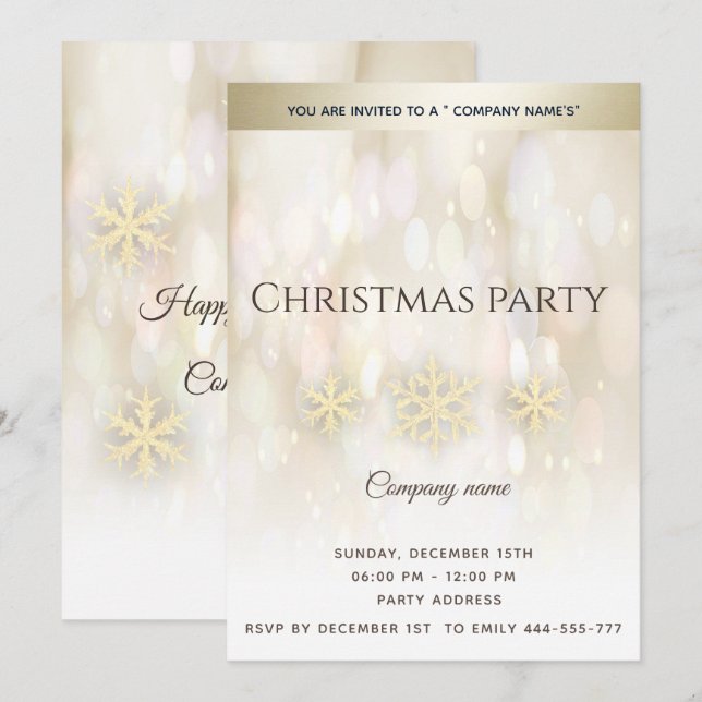 Gold bokeh snowflakes corporate Christmas party  I Invitation (Front/Back)