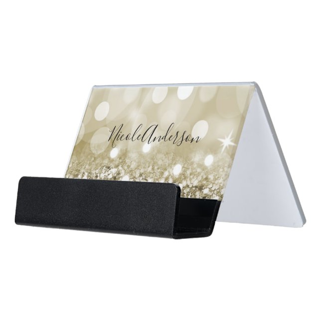 Gold Bokeh Sparkle Sequins Modern Glam Glamour Desk Business Card Holder (Angled Front)