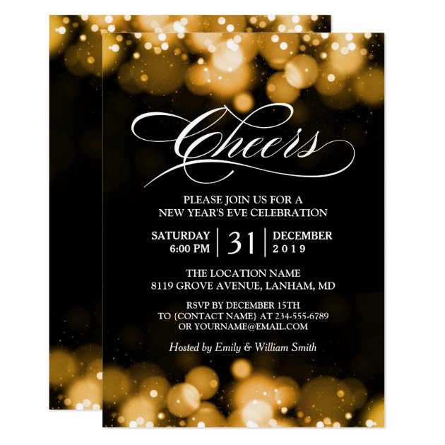 Gold Bokeh Sparkles Cheers New Year's Eve Party Invitation