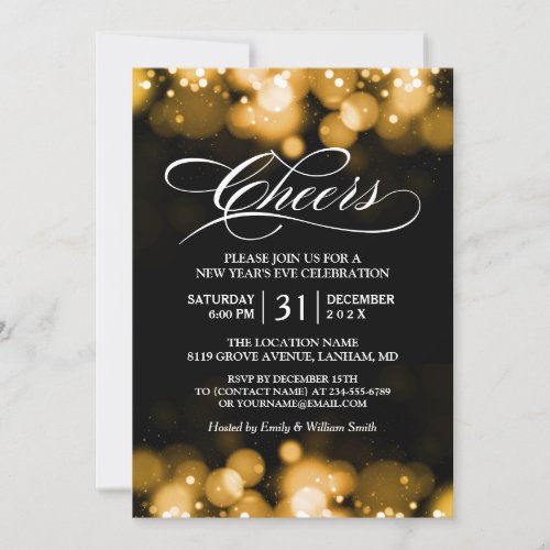 Gold Bokeh Sparkles Cheers New Years Eve Party Invitation