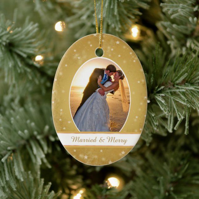 Gold Bokeh Star Frame First Christmas Wedding Ceramic Ornament (Tree)