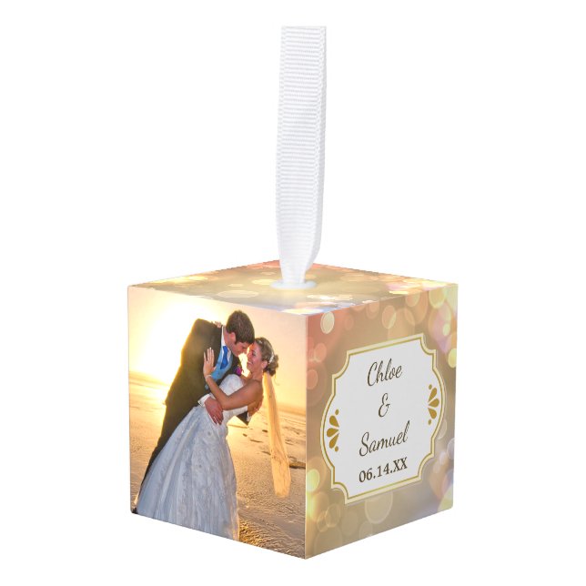 Gold Bokeh Wedding Photo Template Cube Ornament (Front Angled)