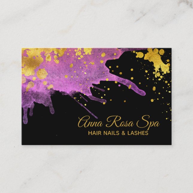 *~* Gold Bold Abstract Pink Watercolor Luxe Business Card (Front)