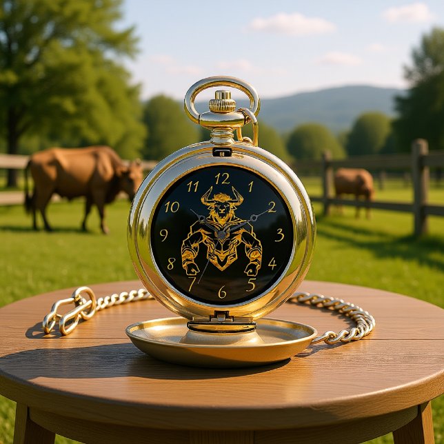 Gold Bold Bison Graphic Design Pocket Watch (Creator Uploaded)