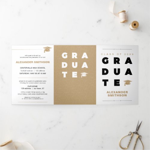 Gold Bold GRADUATE Letters and Cap Graduation Tri_Fold Announcement