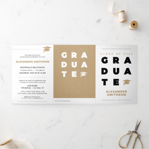 Gold Bold GRADUATE Letters and Cap Graduation Tri_Fold Announcement