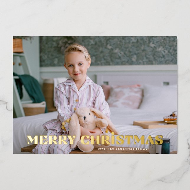 Gold BOLD MERRY CHRISTMAS big Photo Foil Holiday Card (Front)