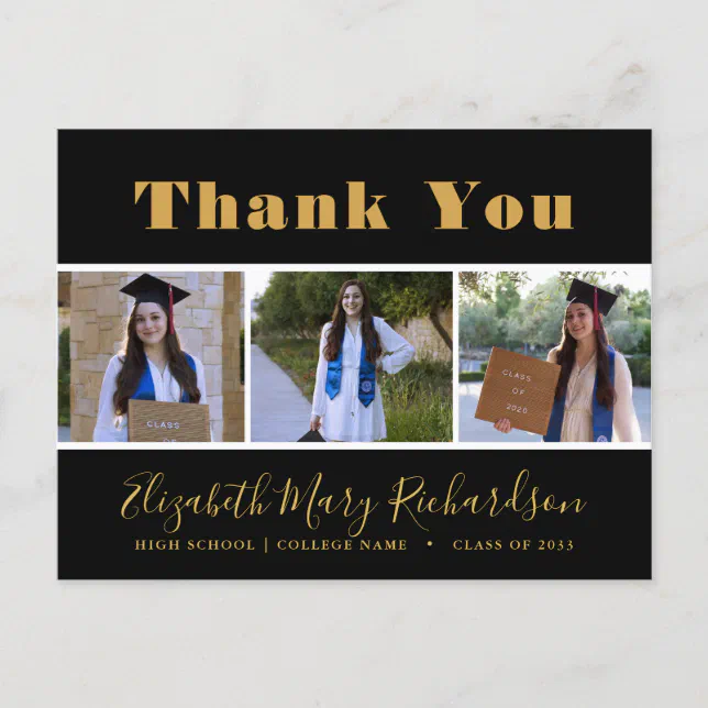 Gold Bold Script Modern 3 Photo Grad Thank You Postcard | Zazzle