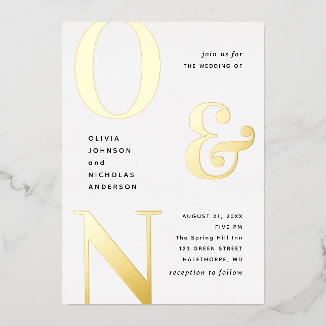 Gold bold typography modern wedding + details foil invitation (Front)