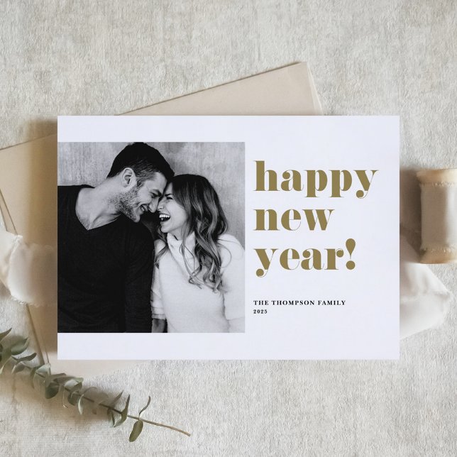 Gold Bold Typography Photo Happy New Year Holiday Card (Creator Uploaded)