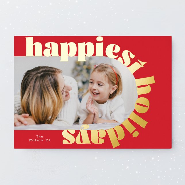 gold bold typography & red arch photo christmas foil holiday card (Creator Uploaded)