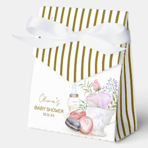 Gold Bonjour Floral Macarons Milk Tea Baby Shower Favor Boxes