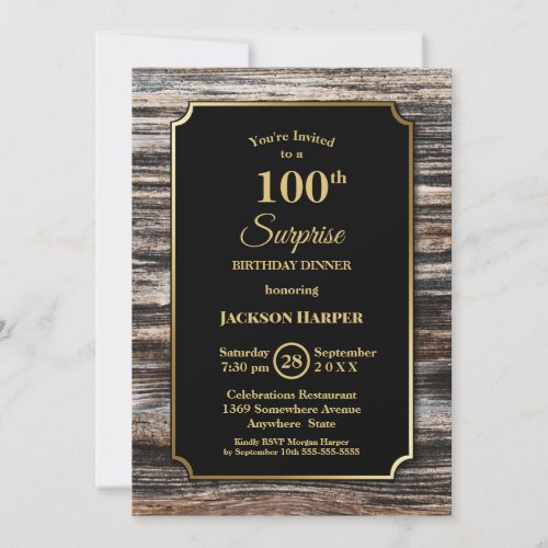 Gold Border Barn Wood Surprise 100th Birthday Invitation