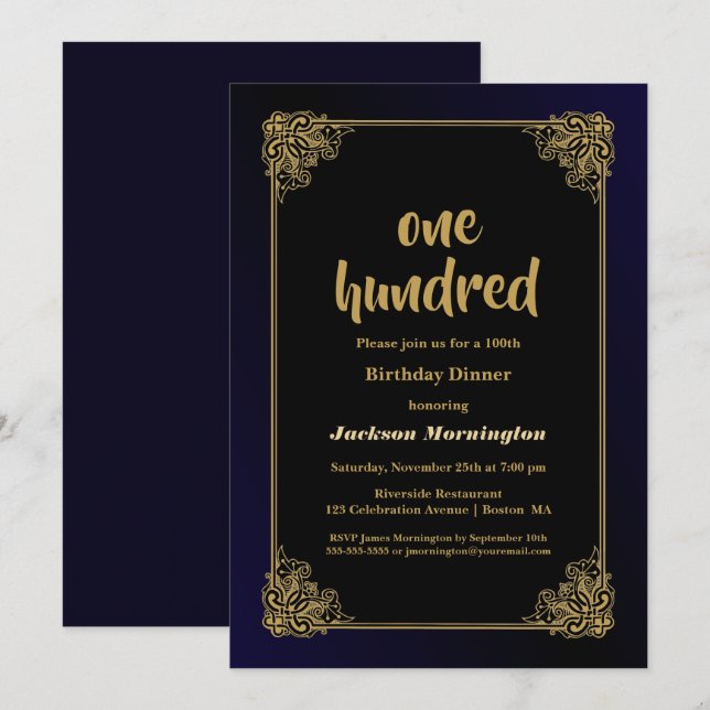 Gold Border Black 100th Birthday Dinner Invitation (Front/Back)