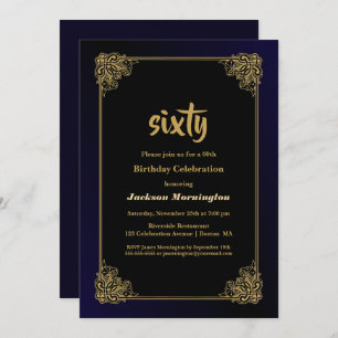 Gold Border Black 60th Birthday Party Invitation