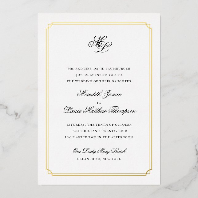 Gold Border Black and Gold Monogram Wedding Foil I Foil Invitation (Front)
