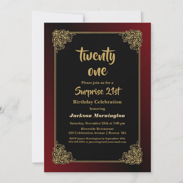 Gold Border Black Red Surprise 21st Birthday Invitation (Front)