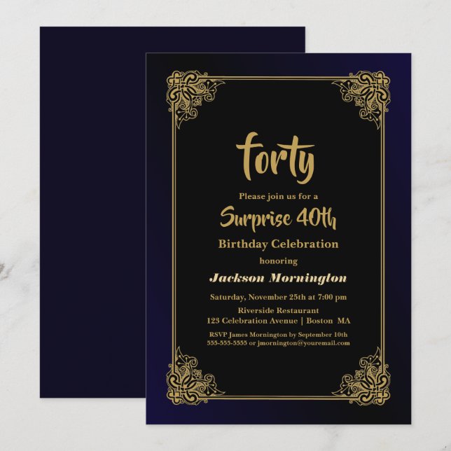 Gold Border Black Surprise 40th Birthday Party Invitation (Front/Back)