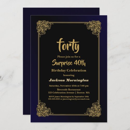 Gold Border Black Surprise 40th Birthday Party Invitation