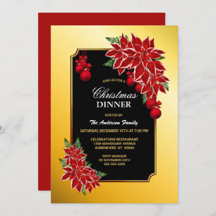Gold Border Black with Poinsettia Christmas Dinner Invitation