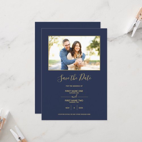 Gold border blue save the date invitation