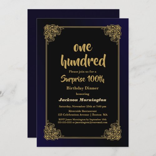 Gold Border Blue Surprise 100th Birthday Dinner Invitation