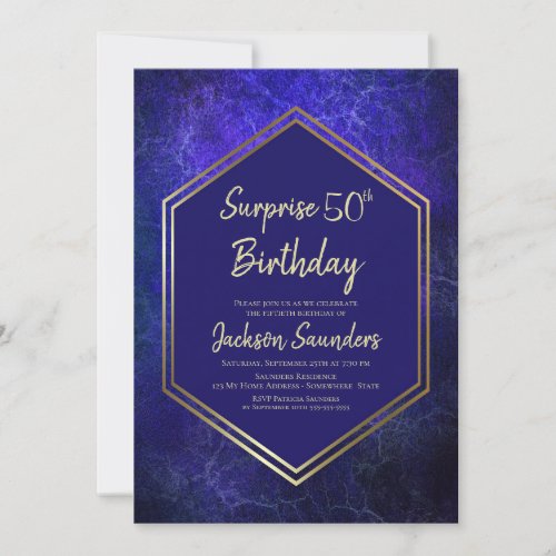 Gold Border Blue Surprise 50th Birthday Party Invitation