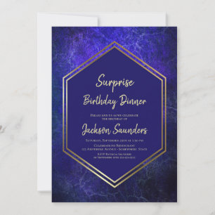 Gold Border Blue Surprise Birthday Dinner Invitation