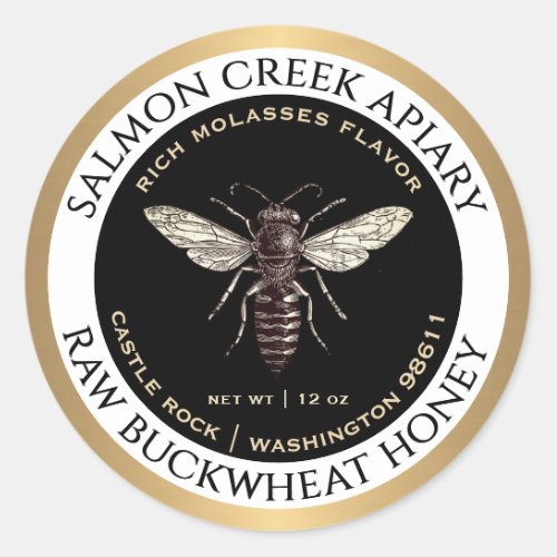 Gold Border Buckwheat Honey Queen Bee Classic Round Sticker