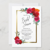 Gold Border Burgundy Red Pink Floral Bridal Shower Invitation (Front)