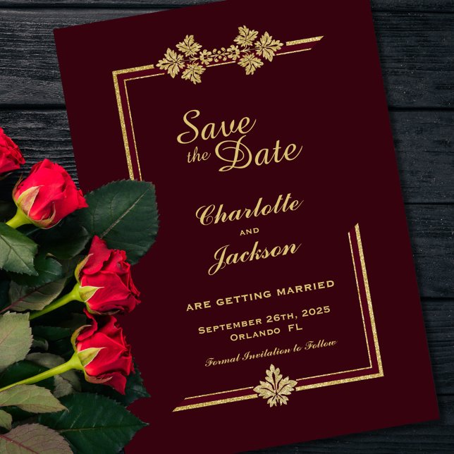 Gold Border Burgundy Wedding Save The Date (Creator Uploaded)