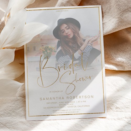 Gold border calligraphy photo bridal shower invitation