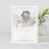 Gold border calligraphy photo bridal shower invitation (Standing Front)