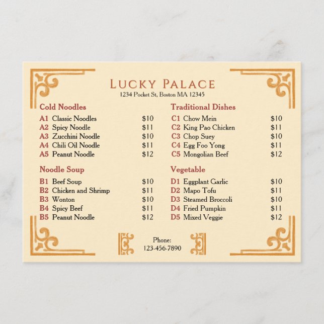 Gold Border Chinese Restaurant Flat Menu (Front)