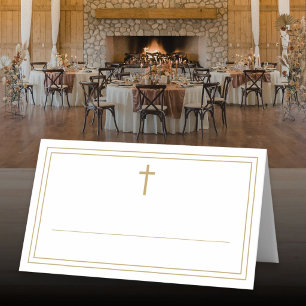 Gold Border Cross Baptism Confirmation Communion Place Card