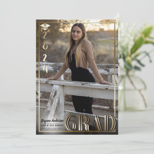 Gold Border Duo Grad 2024 Graduation Photo Invitation (Standing Front)