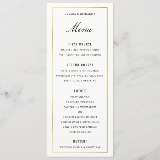 Gold Border Elegant Wedding Dinner Menu and Drinks | Zazzle