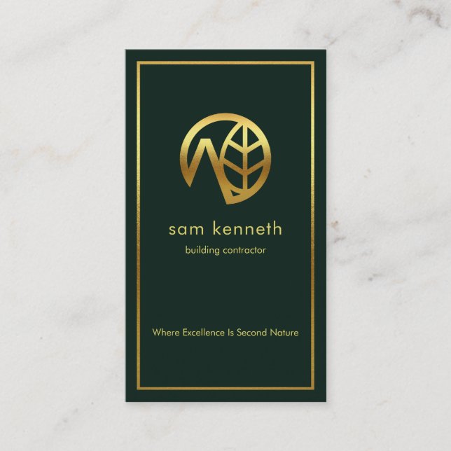 Gold Border Emerald Green Building Contractor Business Card (Front)