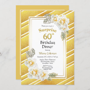 Gold Border Floral Surprise 60th Birthday Dinner Invitation