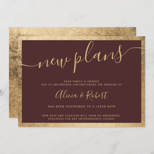 gold border foil red script postponed new plans invitation