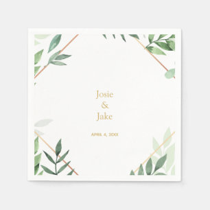 Gold border, green leaves Wedding names, reception Napkins