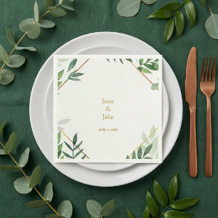 Gold border, green leaves Wedding names, reception Napkins