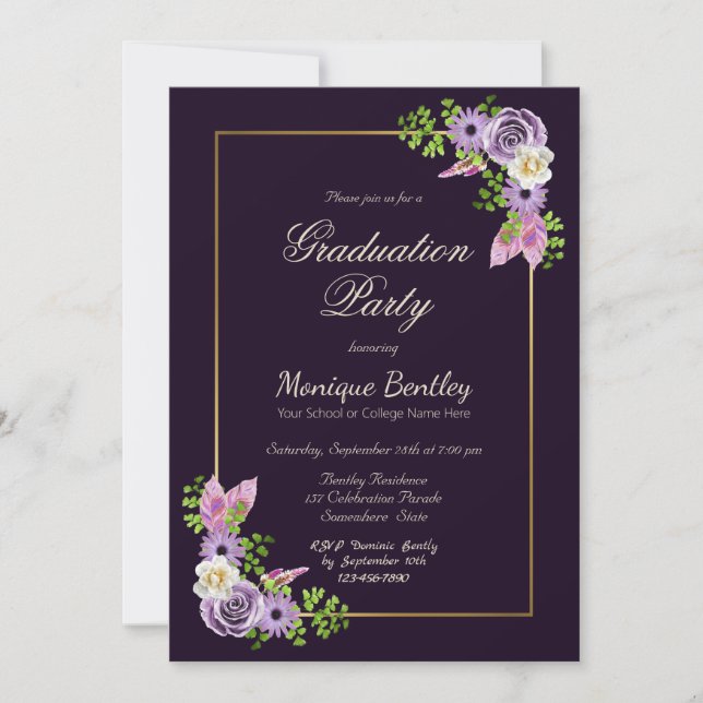 Gold Border Lavender Floral Purple Graduation Invitation (Front)