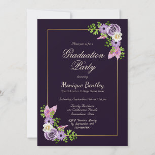 Gold Border Lavender Floral Purple Graduation Invitation